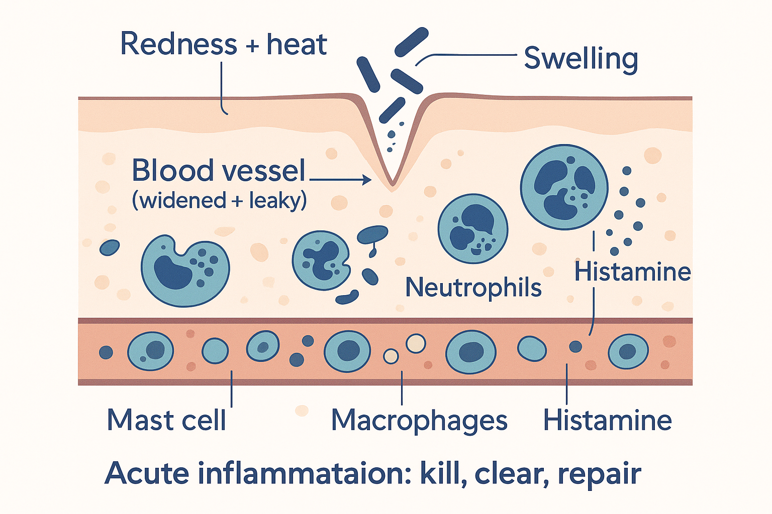 Cross-section of acute inflammation at a skin wound: a widened, leaky blood vessel letting neutrophils and macrophages into the tissue to engulf bacteria, a mast cell releasing histamine, and the classic signs of redness, heat and swelling around the wound