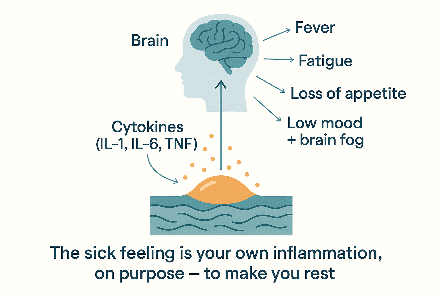 Cytokines from a site of inflammation travelling up to the brain, which generates the symptoms of sickness behaviour: fever, fatigue, loss of appetite, and low mood with brain fog