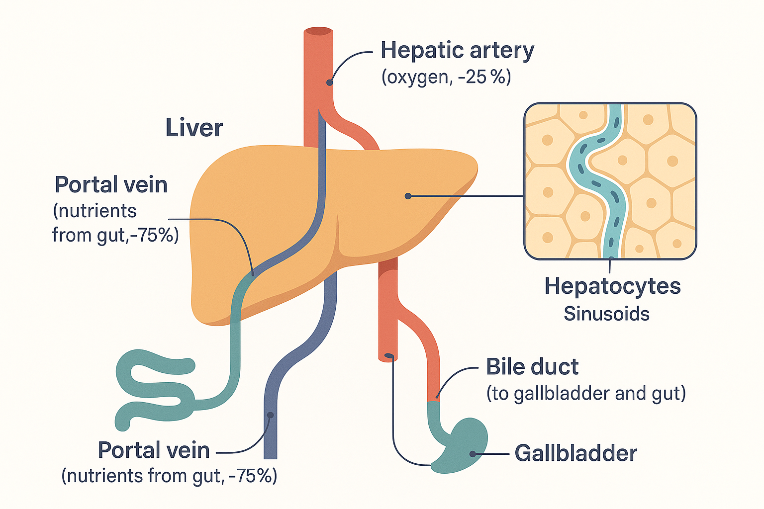 Diagram of the liver's blood supply: the portal vein bringing nutrients from the gut and the hepatic artery bringing oxygen both enter the liver, blood passes hepatocytes through sinusoids, and the hepatic vein carries cleaned blood out while the bile duct drains to the gallbladder