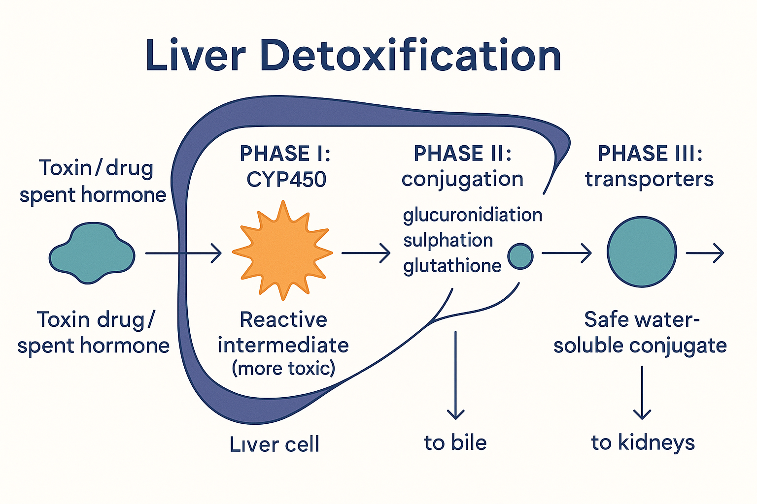 Three-phase liver detoxification pipeline: Phase I CYP450 enzymes transform a toxin into a more-toxic reactive intermediate, Phase II conjugation attaches glucuronidation, sulphation or glutathione to make a safe water-soluble conjugate, and Phase III transporters excrete it to bile or kidneys