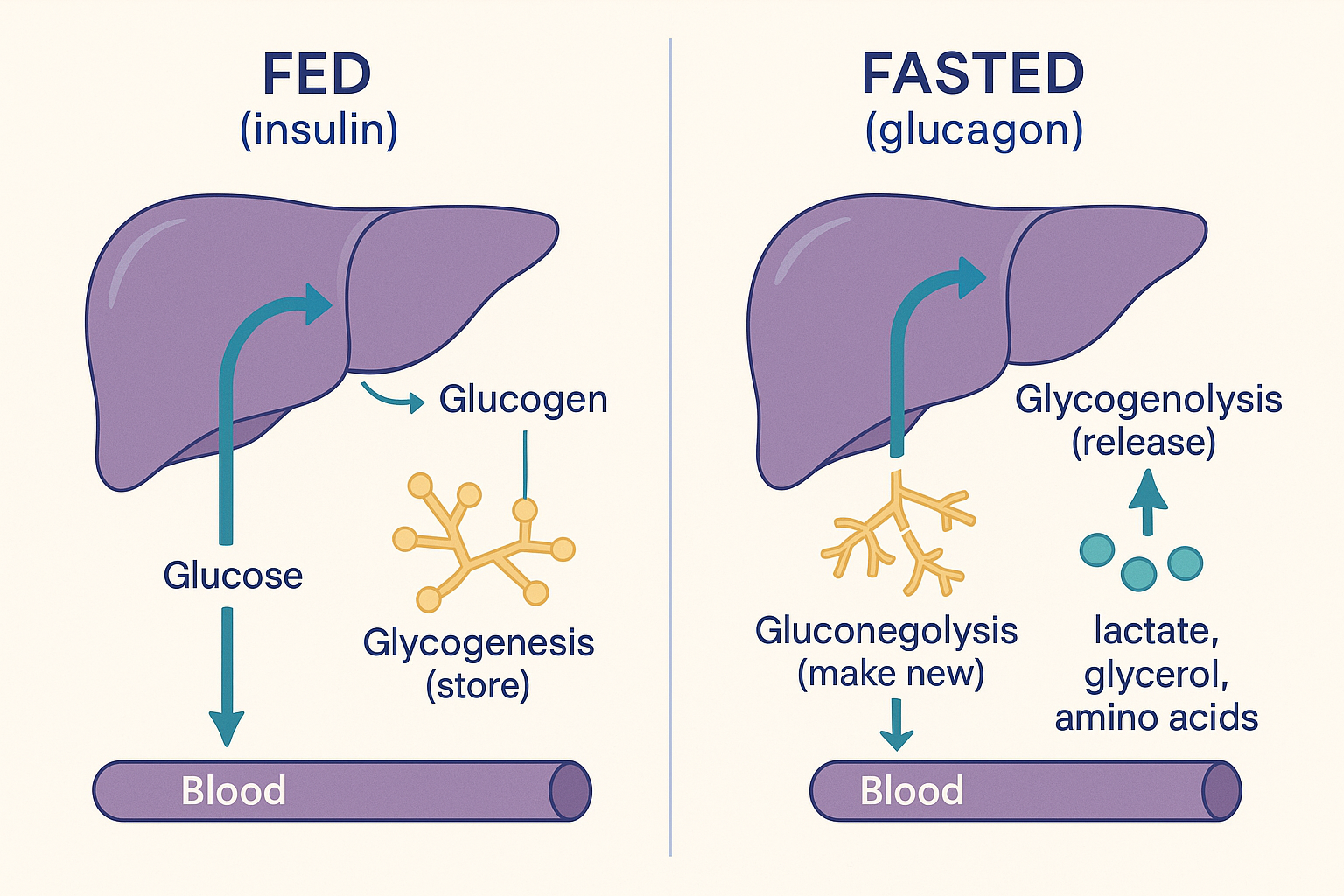 Two-panel diagram: in the FED state with insulin, the liver stores glucose as glycogen (glycogenesis); in the FASTED state with glucagon, the liver releases glucose by breaking down glycogen (glycogenolysis) and builds new glucose from lactate, glycerol and amino acids (gluconeogenesis)