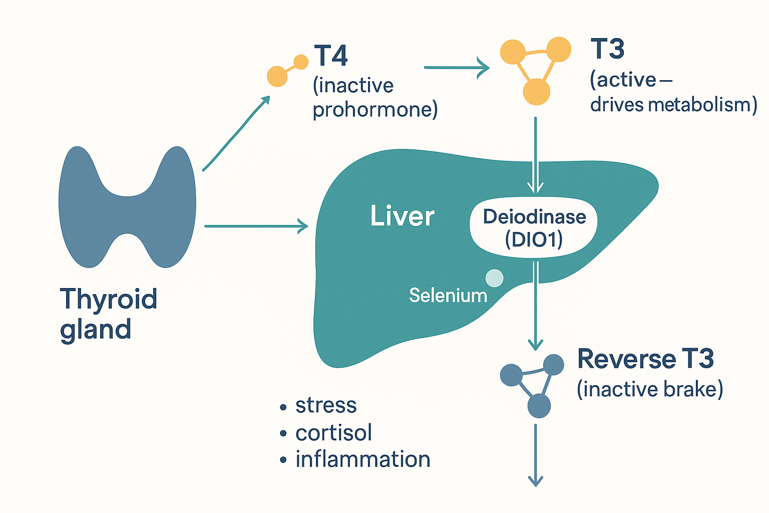Diagram of thyroid hormone activation: the thyroid gland releases inactive T4, which travels to the liver where the deiodinase enzyme DIO1 (requiring selenium) converts it to active T3; under stress, cortisol and inflammation, T4 is instead converted to inactive reverse T3