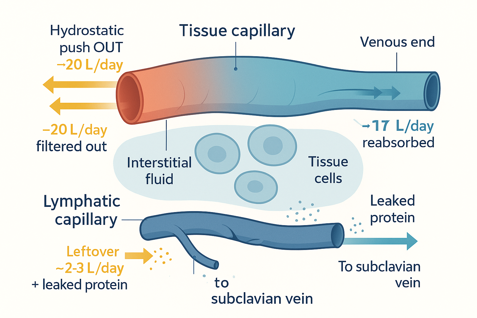 Diagram of Starling fluid balance at a tissue capillary: the arterial end pushes plasma out into the interstitial space, the venous end reabsorbs most of it by oncotic pull, and a blind-ended lymphatic capillary takes up the leftover two to three litres plus leaked protein for return to the blood