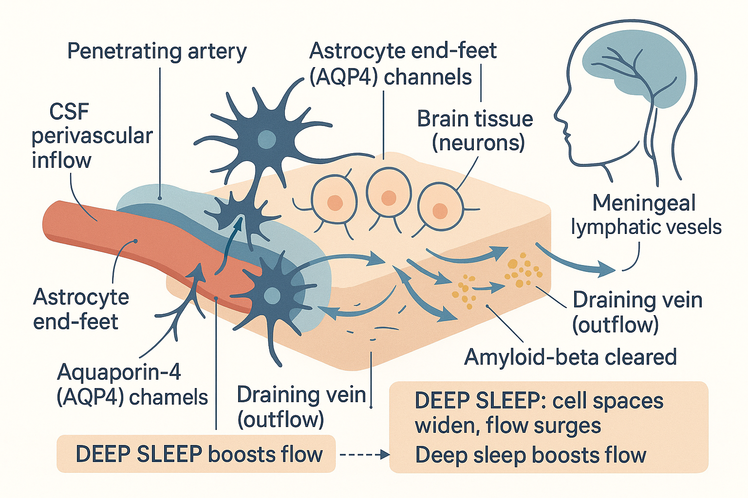 Illustration of the glymphatic clearance loop in the sleeping brain: cerebrospinal fluid driven inward along a penetrating artery through aquaporin-4 channels on astrocyte end-feet, sweeping through brain tissue to collect amyloid-beta, then draining out along a vein toward meningeal lymphatic vessels and the deep cervical lymph nodes, with deep sleep widening the spaces to boost flow