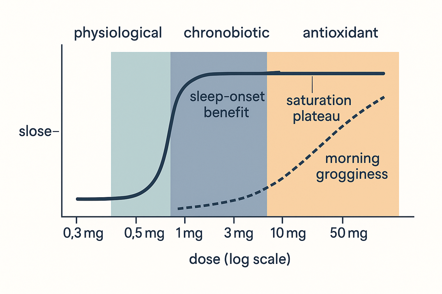 A vertical dose-response ladder graph for oral melatonin: the horizontal axis is dose on a logarithmic scale from 0.3 mg to 50 mg, with a shaded physiological band around 0.3 to 0.5 mg, a chronobiotic band around 0.5 to 3 mg, and a high-dose antioxidant region beyond 10 mg; a curve of sleep-onset benefit rising then plateauing flat after the physiological band to show saturation, and a separate rising line for next-morning grogginess and carry-over, illustrating that more milligrams stops adding benefit while adding side effects