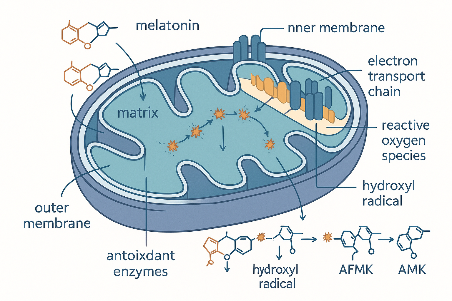 A mitochondrion cutaway in cross-section showing the folded inner membrane and the electron transport chain leaking reactive oxygen species into the matrix, with melatonin molecules diffusing in across the double membrane, one melatonin neutralising a hydroxyl radical and converting into its metabolites AFMK then AMK which neutralise further radicals in a cascade, set against the matrix interior