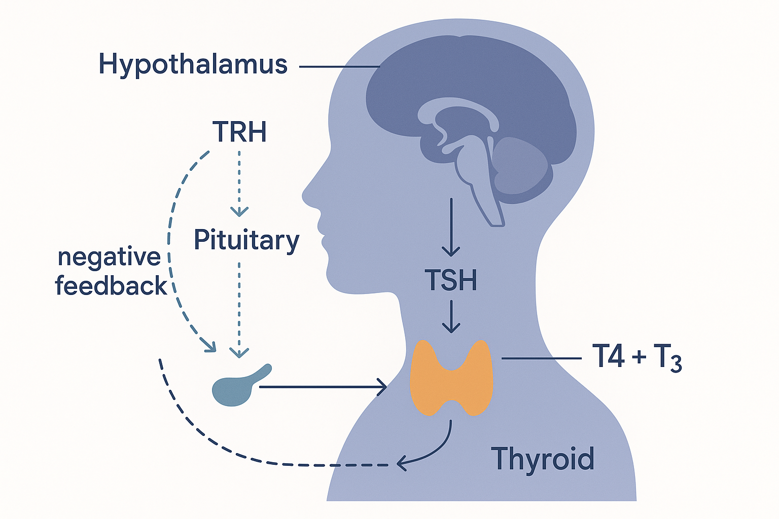The HPT axis down the neck: the hypothalamus sends TRH to the pituitary, the pituitary sends TSH to the thyroid, the thyroid releases T4 and T3, and thyroid hormone feeds back negatively to the pituitary and hypothalamus