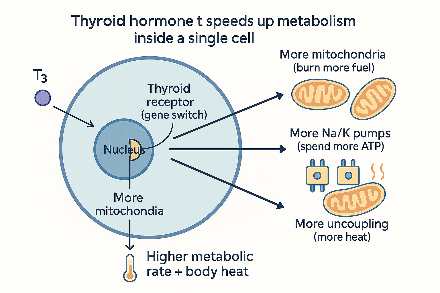 How T3 raises metabolism inside a cell: T3 binds a receptor in the nucleus that switches genes on, producing more mitochondria, more sodium-potassium pumps, and more uncoupling proteins, which together raise metabolic rate and body heat