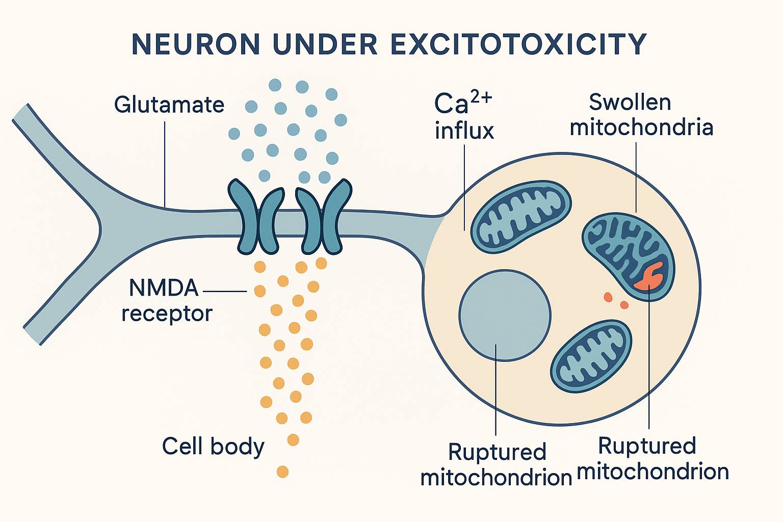 Cutaway of a neuron undergoing excitotoxicity: glutamate molecules flooding open NMDA receptor channels on the dendrite, a torrent of calcium ions pouring through into the cell body, and mitochondria swelling and rupturing as they overload