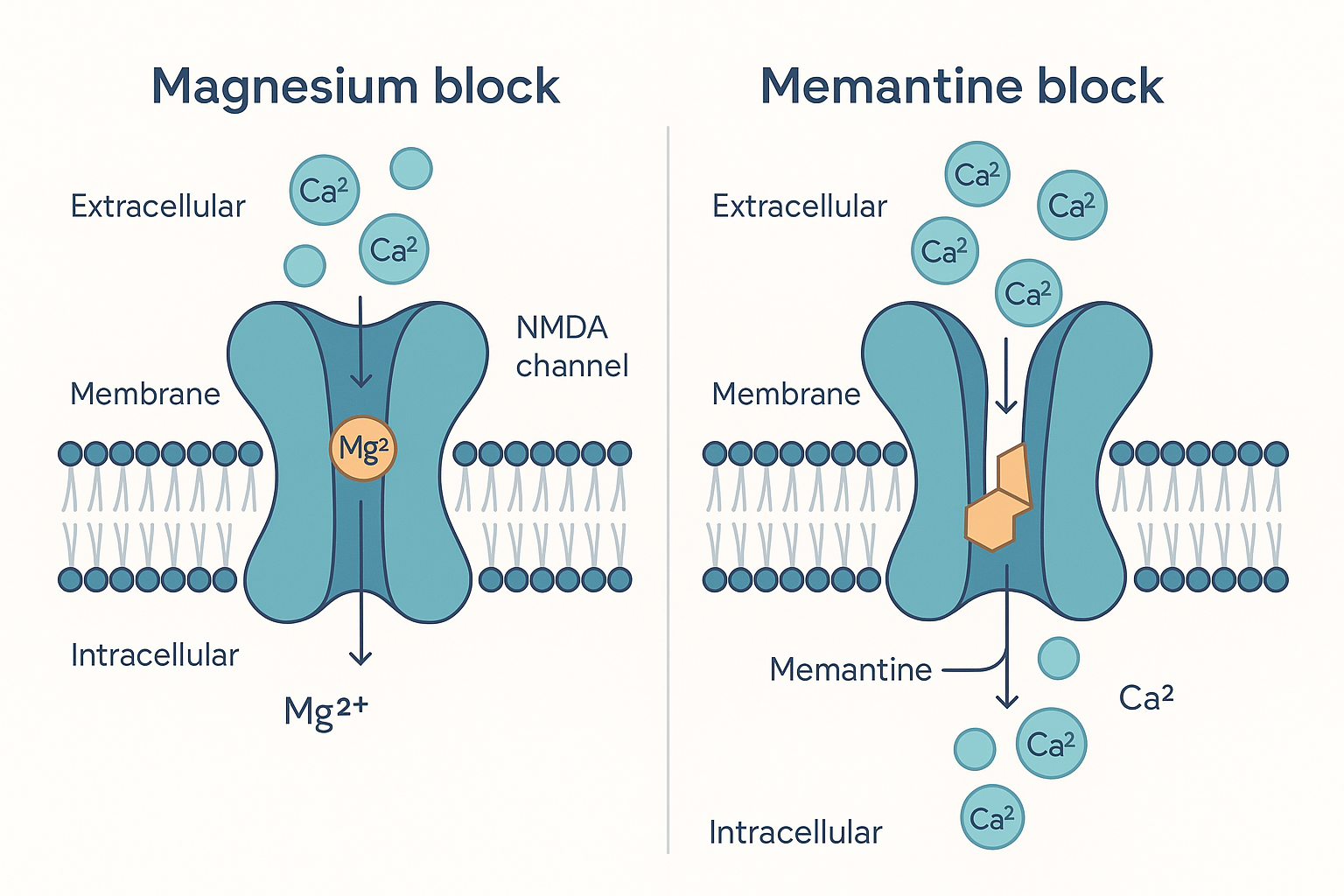 A close-up of a single NMDA receptor channel embedded in the neuron membrane, shown twice side by side: on the left a magnesium ion sitting in the channel mouth as a natural plug, on the right a memantine molecule lodged deeper in the open channel pore blocking the inward calcium flow