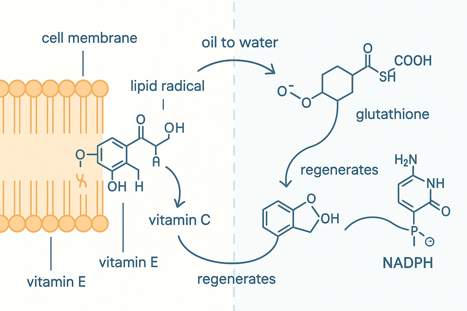 A spatial relay across two zones: on the left, a slice of fatty cell membrane with a vitamin E molecule donating a hydrogen to a lipid radical and becoming spent; at the membrane-water boundary, a vitamin C molecule handing an electron back to regenerate the vitamin E; in the watery zone on the right, a glutathione molecule regenerating the vitamin C, and behind it NADPH regenerating the glutathione; curved hand-off arrows pass the damage rightward from oil to water to NADPH