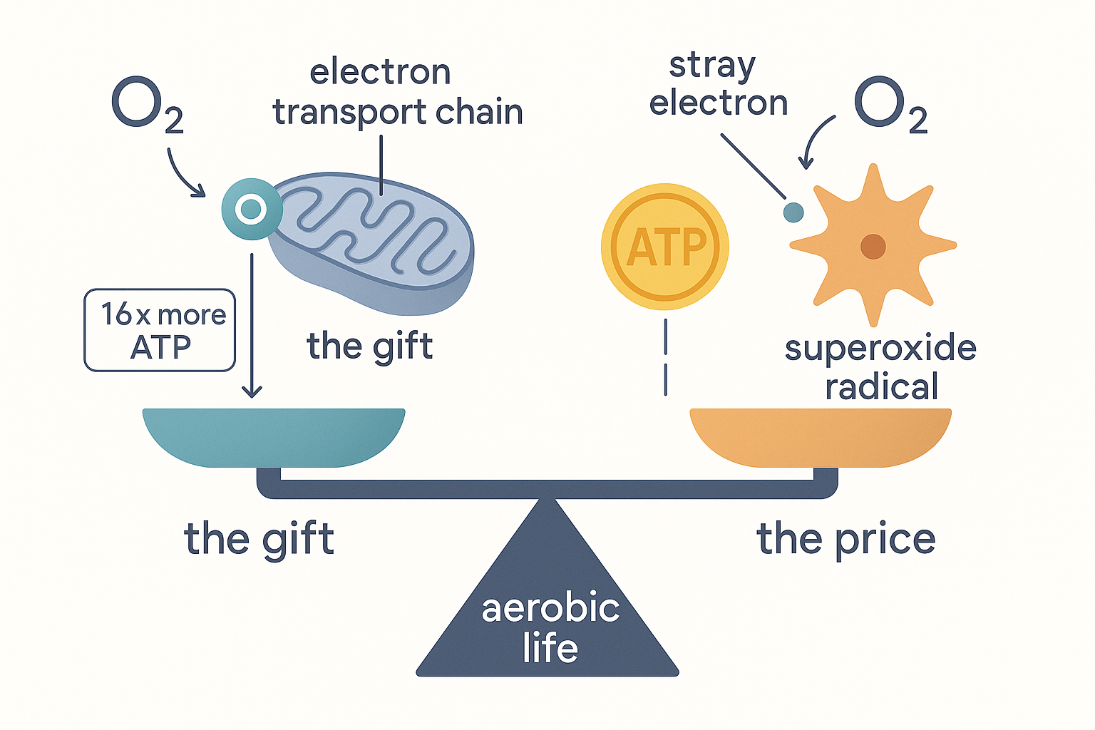 A balance-beam scene: on the left pan, an oxygen molecule feeding the mitochondrial electron transport chain to produce ATP, captioned as the gift; on the right pan, the same oxygen molecule picking up a single stray electron to become a superoxide radical, captioned as the price; the fulcrum labelled aerobic life