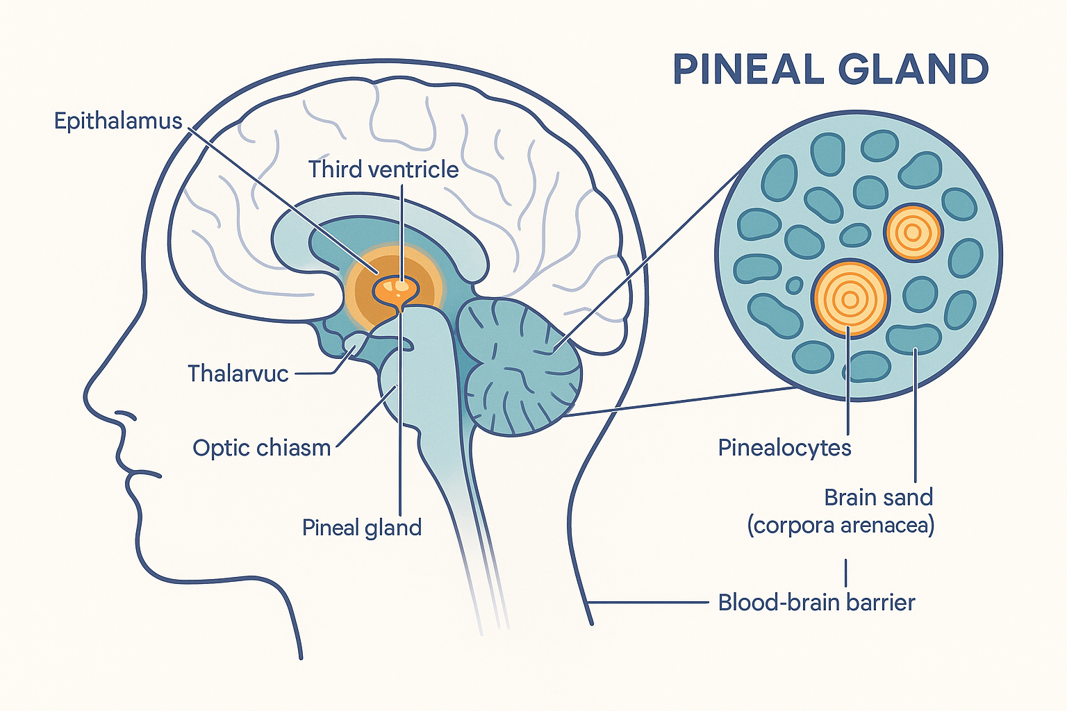 Sagittal cross-section of the human brain with the small pineal gland highlighted on the midline at the back of the third ventricle, in the epithalamus just behind the thalamus, with an inset close-up showing pinealocytes and concentric layers of calcified brain sand (corpora arenacea)