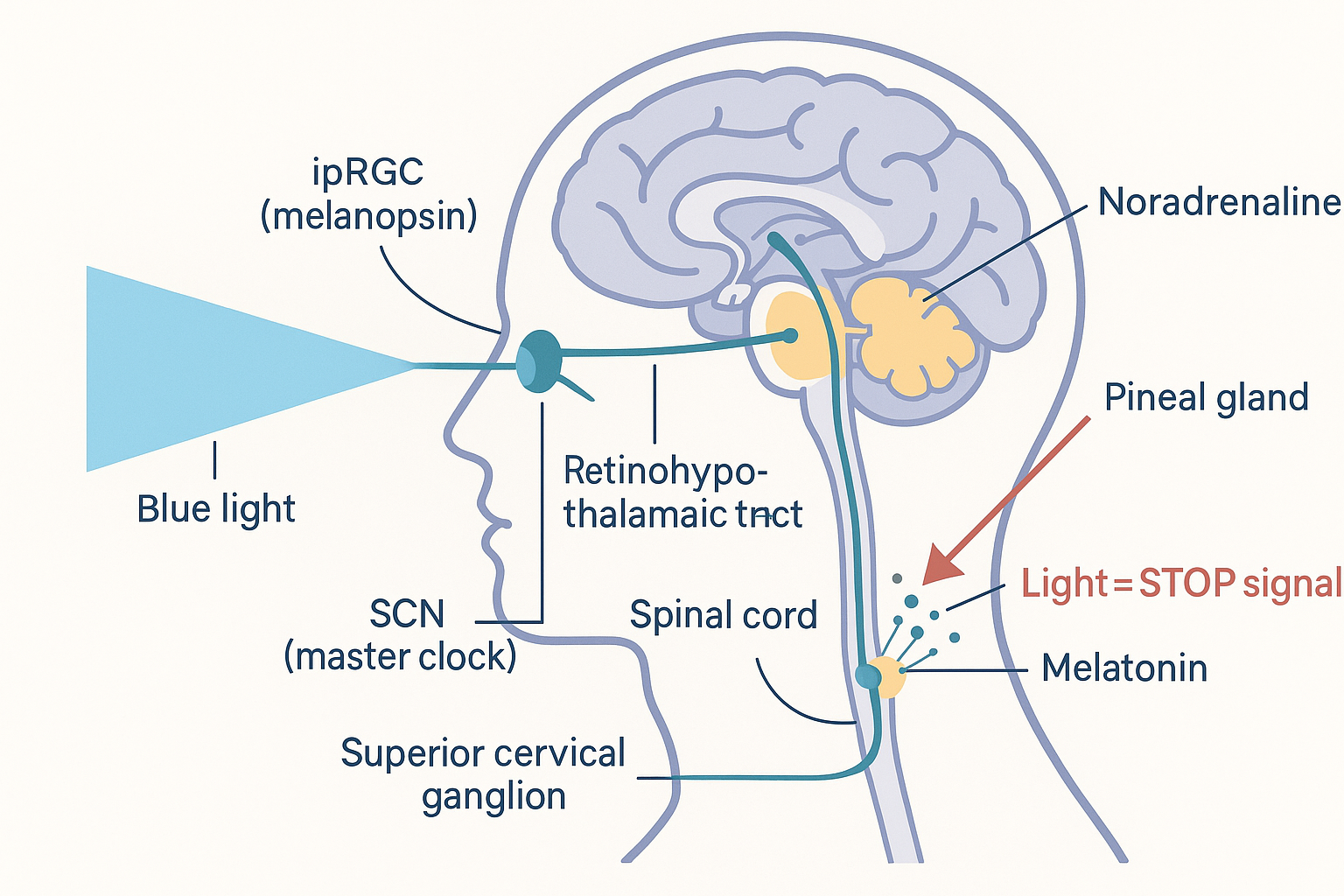 A signalling chain drawn across a side view of the head: blue light enters the eye and excites melanopsin ipRGCs, a labelled retinohypothalamic tract carries the signal to the SCN master clock in the hypothalamus, then down to the paraventricular nucleus, into the thoracic spinal cord, up to the superior cervical ganglion in the neck, and back up to the pineal gland where noradrenaline triggers melatonin release; a red inhibitory arrow shows light shutting the gland off