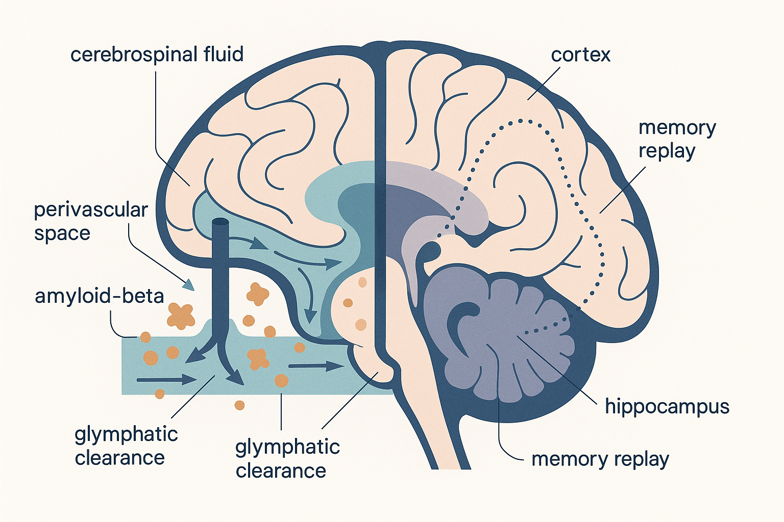 A spatial cutaway of a sleeping brain during deep slow-wave sleep showing two simultaneous processes: on one side, cerebrospinal fluid flowing inward along an artery through widened spaces between brain cells, sweeping out amyloid-beta waste toward a drainage vessel (the glymphatic rinse); on the other side, the seahorse-shaped hippocampus deep in the brain sending replayed memory traces as arcing pathways up into the folded cortex (the hippocampus-to-cortex transfer), with thin leader lines labelling each structure
