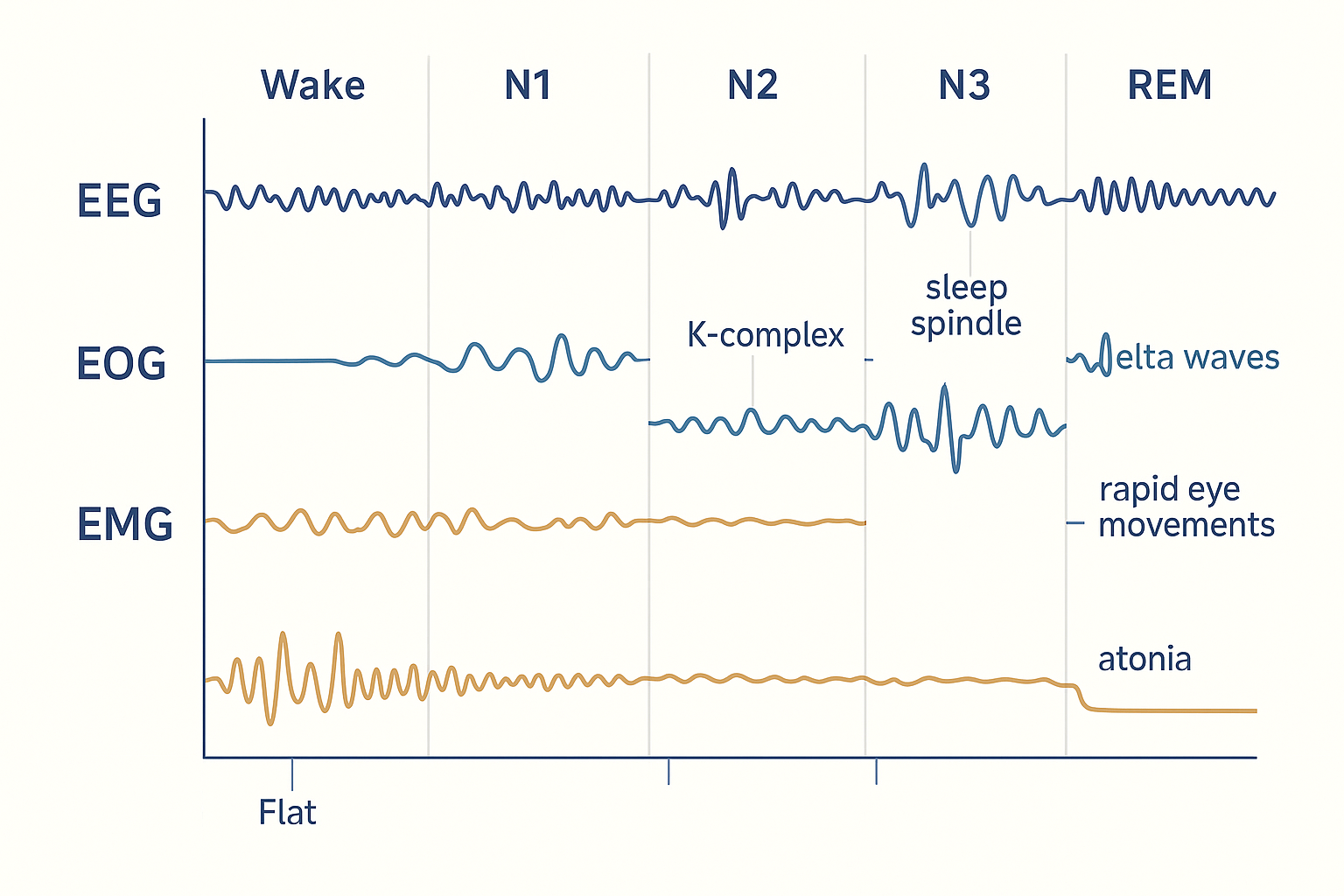 A multi-channel polysomnography tracing with stacked, labelled rows sharing one time axis: an EEG row showing the waveform changing across Wake alpha, N1 theta, N2 with a labelled sleep spindle and K-complex, N3 high-amplitude delta, and REM low-amplitude mixed-frequency; an EOG row showing slow rolling eye movements in N1 and sharp rapid deflections in REM; and an EMG row showing high muscle tone in wake declining through NREM and collapsing to a flat line in REM