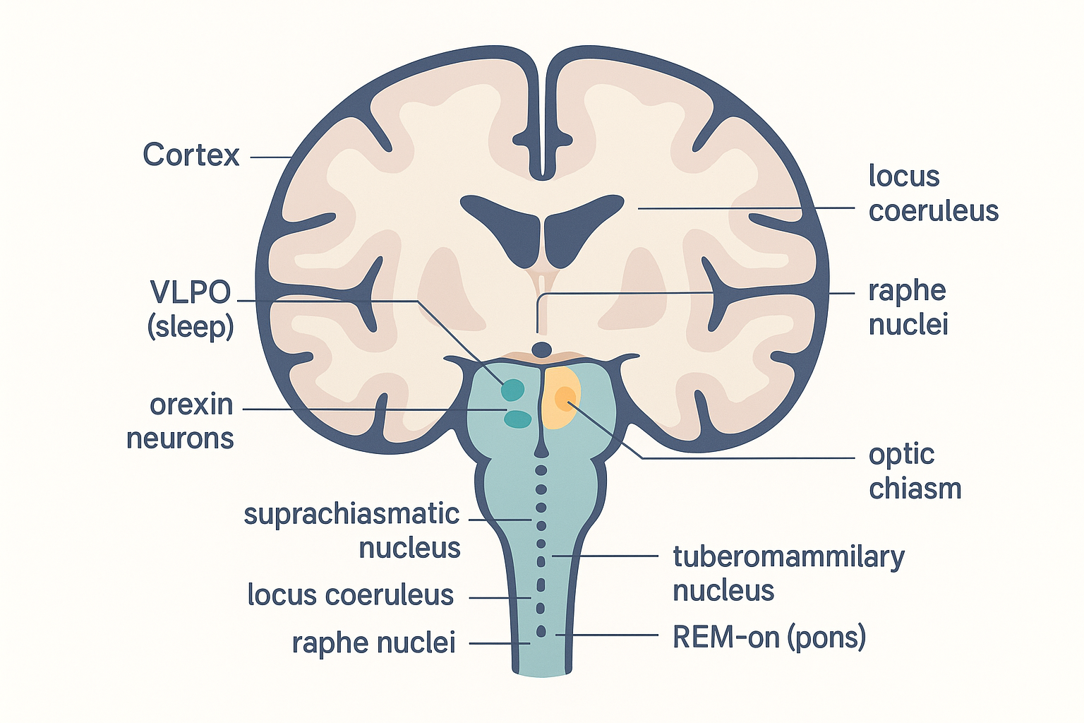 A coronal cross-section of the human brain, flat-vector and labelled, locating the sleep/wake control nuclei: the ventrolateral preoptic nucleus (VLPO) low in the hypothalamus, the orexin neurons of the lateral hypothalamus beside it, the suprachiasmatic nucleus above the optic chiasm, and a brainstem inset marking the locus coeruleus, raphe nuclei, tuberomammillary histamine cells, and the pontine REM-on region, with thin leader lines to each