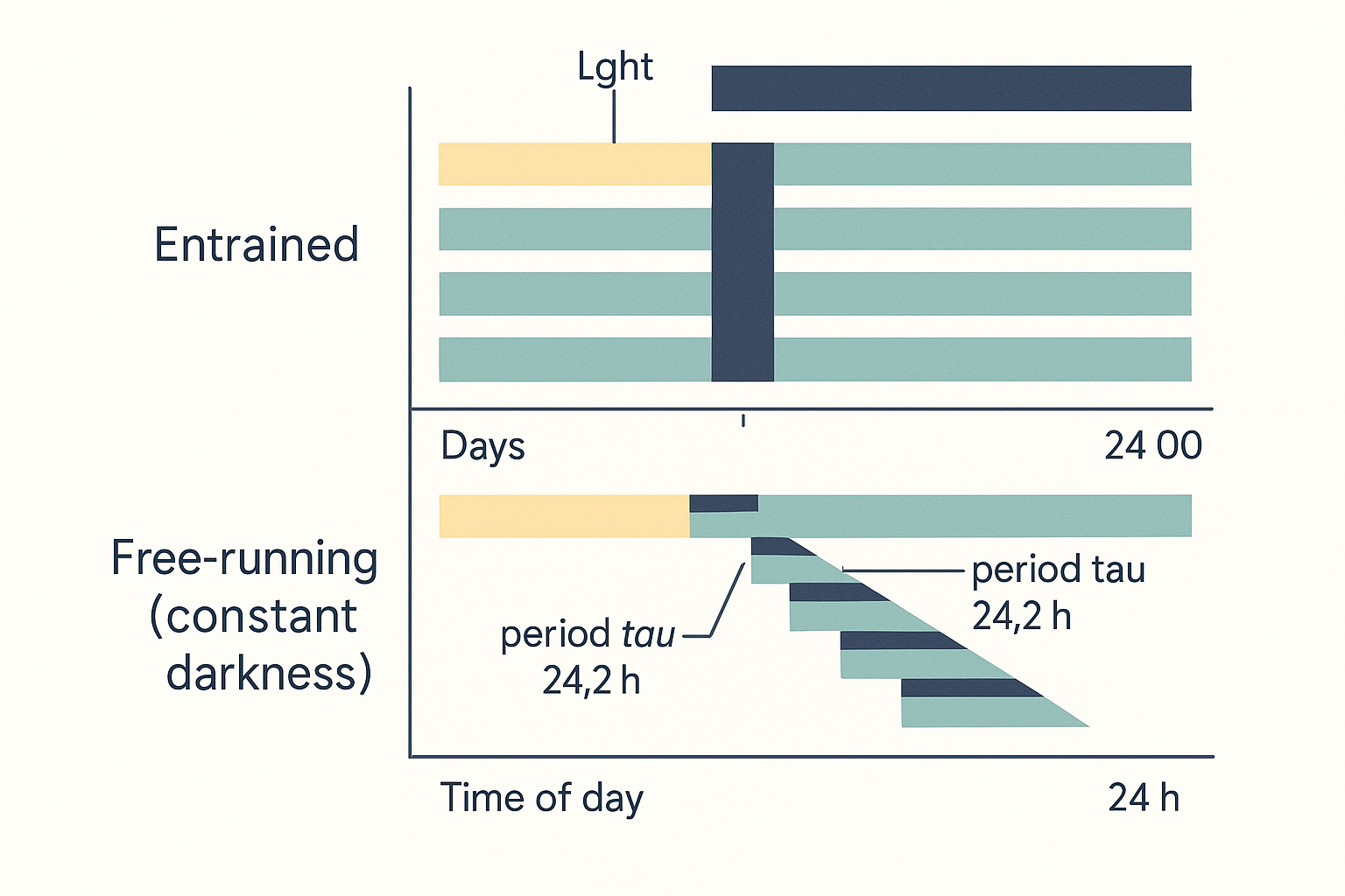 Two stacked actogram-style rhythm charts on a shared 24-hour horizontal axis showing activity onset day after day down the vertical axis; the upper panel is entrained with activity onset locked to the same clock time each day forming a straight vertical band aligned to a light-dark bar, the lower panel is free-running in constant darkness with activity onset drifting slightly later each day forming a band that slopes diagonally to the right, with the slope annotated as period tau about 24.2 hours