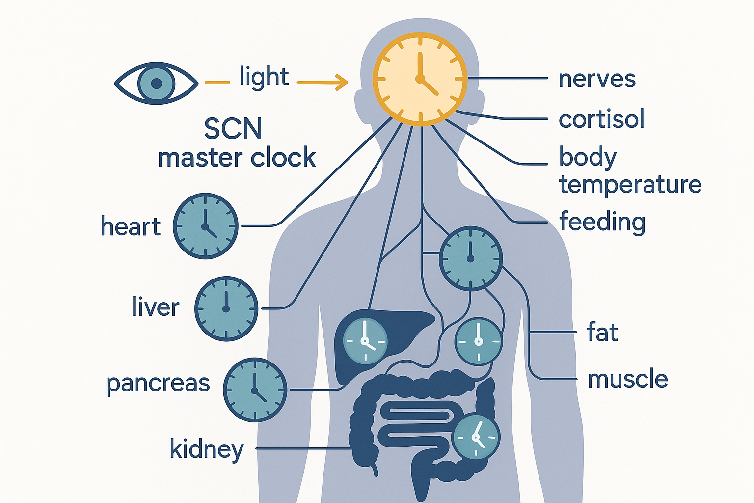 An anatomical front-facing human body silhouette with a small clock icon drawn in each major organ to show the clock hierarchy in space: a large master clock in the brain at the suprachiasmatic nucleus near the eyes, with thin labelled signal lines radiating down to smaller peripheral clocks shown in the heart, liver, stomach and gut, pancreas, kidney, fat tissue, and skeletal muscle; an eye on the left feeds a light arrow into the brain clock, and small labels mark the synchronising signals cortisol, body temperature, nerves, and feeding along the radiating lines