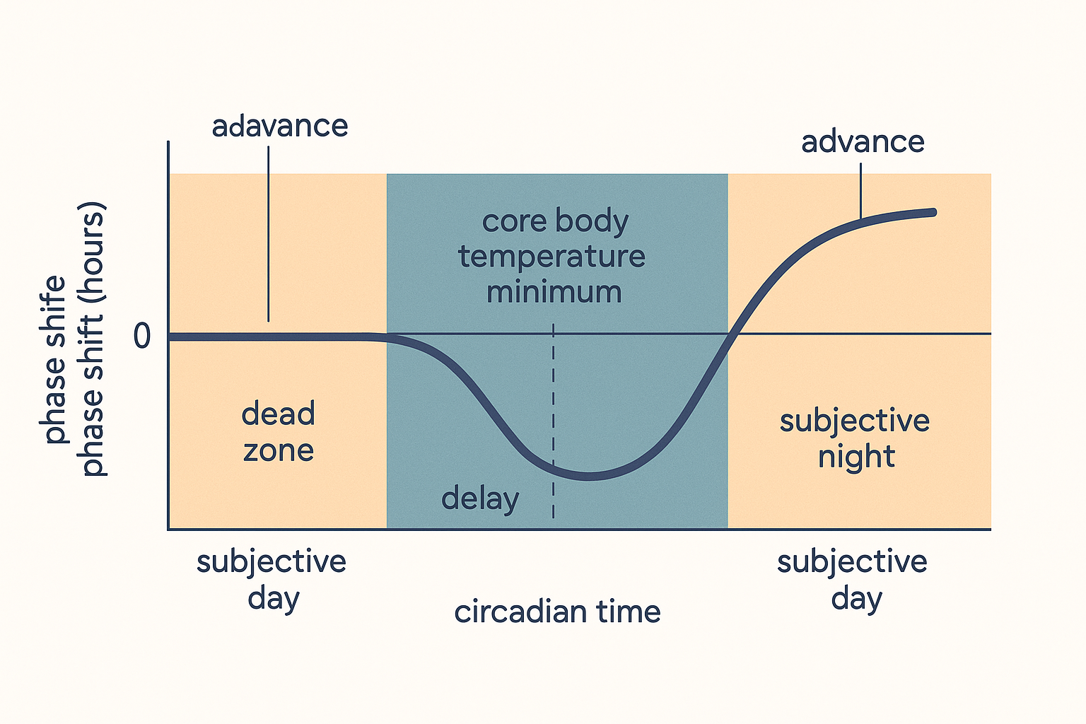 A phase-response curve plotted as a line graph: horizontal axis labelled circadian time across one 24-hour cycle from subjective day through subjective night and back, vertical axis labelled phase shift in hours with phase advance positive at top and phase delay negative at bottom and a zero line through the middle; the curve runs flat near zero across subjective day (the dead zone), dips down to a delay trough in the early subjective night, crosses zero near the core body temperature minimum, and rises to an advance peak in the late subjective night and early morning; the crossover point is marked core body temperature minimum about two hours before wake