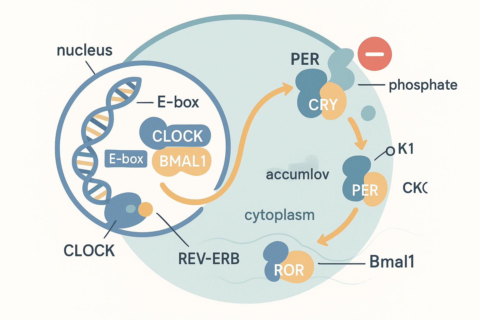 A single cell drawn in cross-section showing the molecular clock loop in space: inside the round nucleus a DNA strand with an E-box where a CLOCK and BMAL1 protein pair sit driving transcription; arrows lead out to the surrounding cytoplasm where PER and CRY proteins are shown accumulating and being tagged by a CK1 enzyme with small phosphate marks; the tagged PER-CRY complex is shown moving back through the nuclear membrane to sit on the CLOCK-BMAL1 pair and switch it off; a small side path shows REV-ERB and ROR acting on a Bmal1 control site