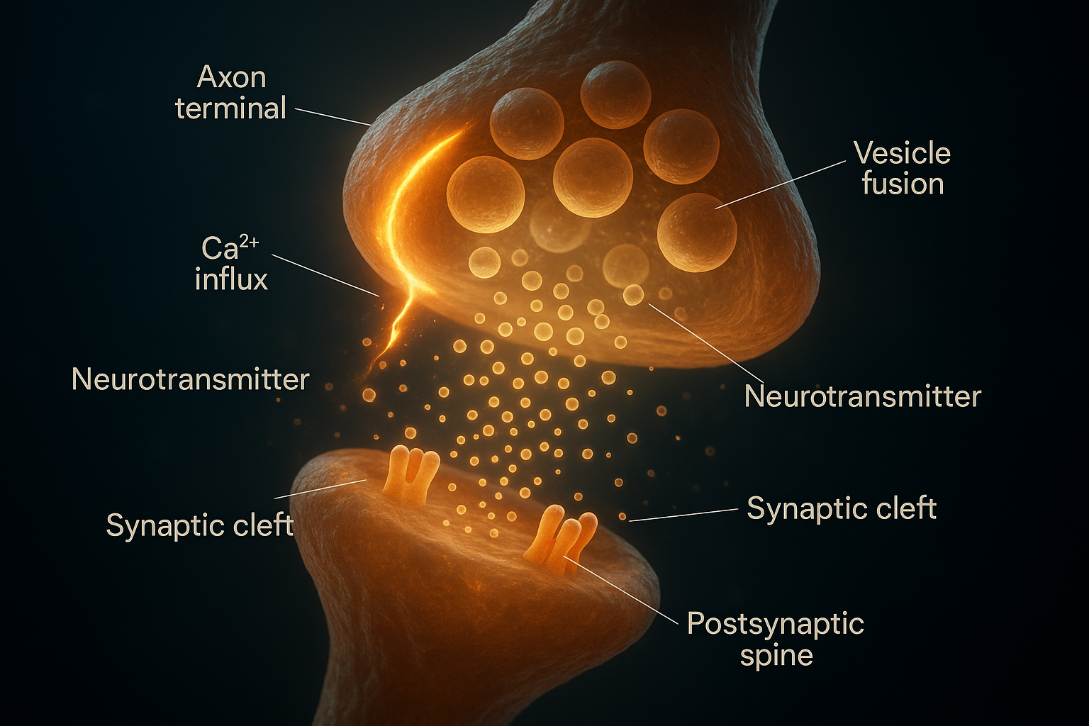 Cinematic 3D render of a chemical synapse firing: an electrical impulse arrives at the axon terminal and opens calcium channels, vesicles fuse with the presynaptic membrane and release clouds of neurotransmitter into the cleft, which crosses to receptor channels on the postsynaptic dendritic spine