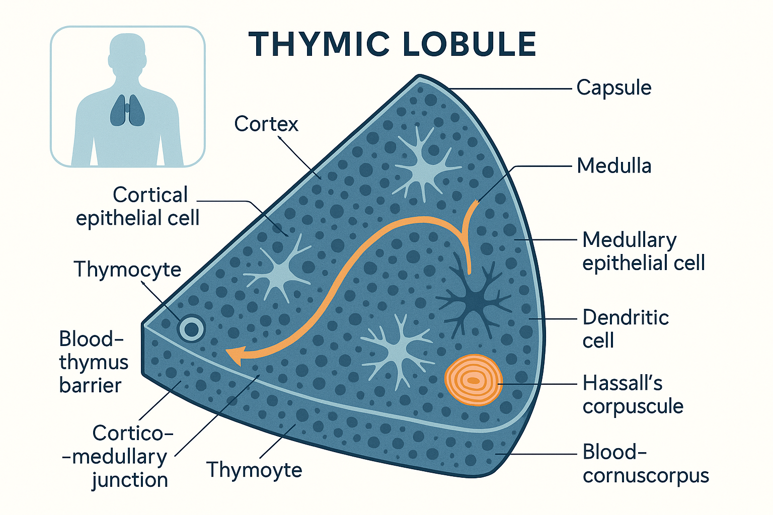 Cutaway of a thymic lobule showing the dense outer cortex packed with immature thymocytes and the paler inner medulla, with cortical epithelial cells forming a meshwork, medullary epithelial cells and dendritic cells, an onion-like Hassall's corpuscle, and the blood-thymus barrier around a cortical capillary; an arrow shows a thymocyte migrating from cortex to medulla