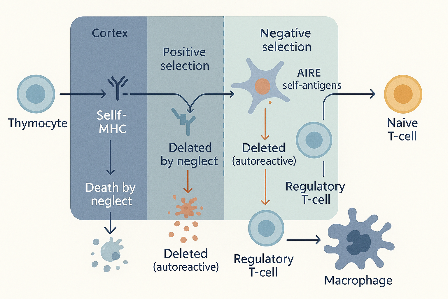 A horizontal pipeline showing a thymocyte passing through two checkpoints: positive selection in the cortex (must bind self-MHC or die by neglect) then negative selection in the medulla (deleted if it reacts to self-antigens displayed by AIRE), with most cells dying and only a small fraction exiting as mature self-tolerant naive T-cells